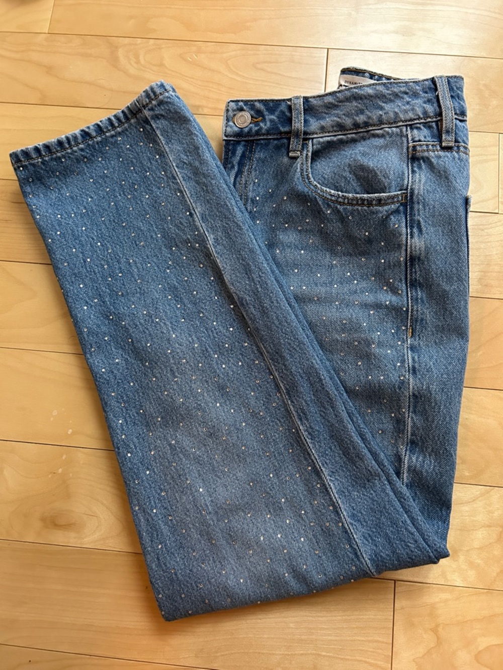 Dynamite Justina Rhinestone Straight Leg Jeans ✨ Mid-Rise Studded Front Denim - Picture 7 of 8